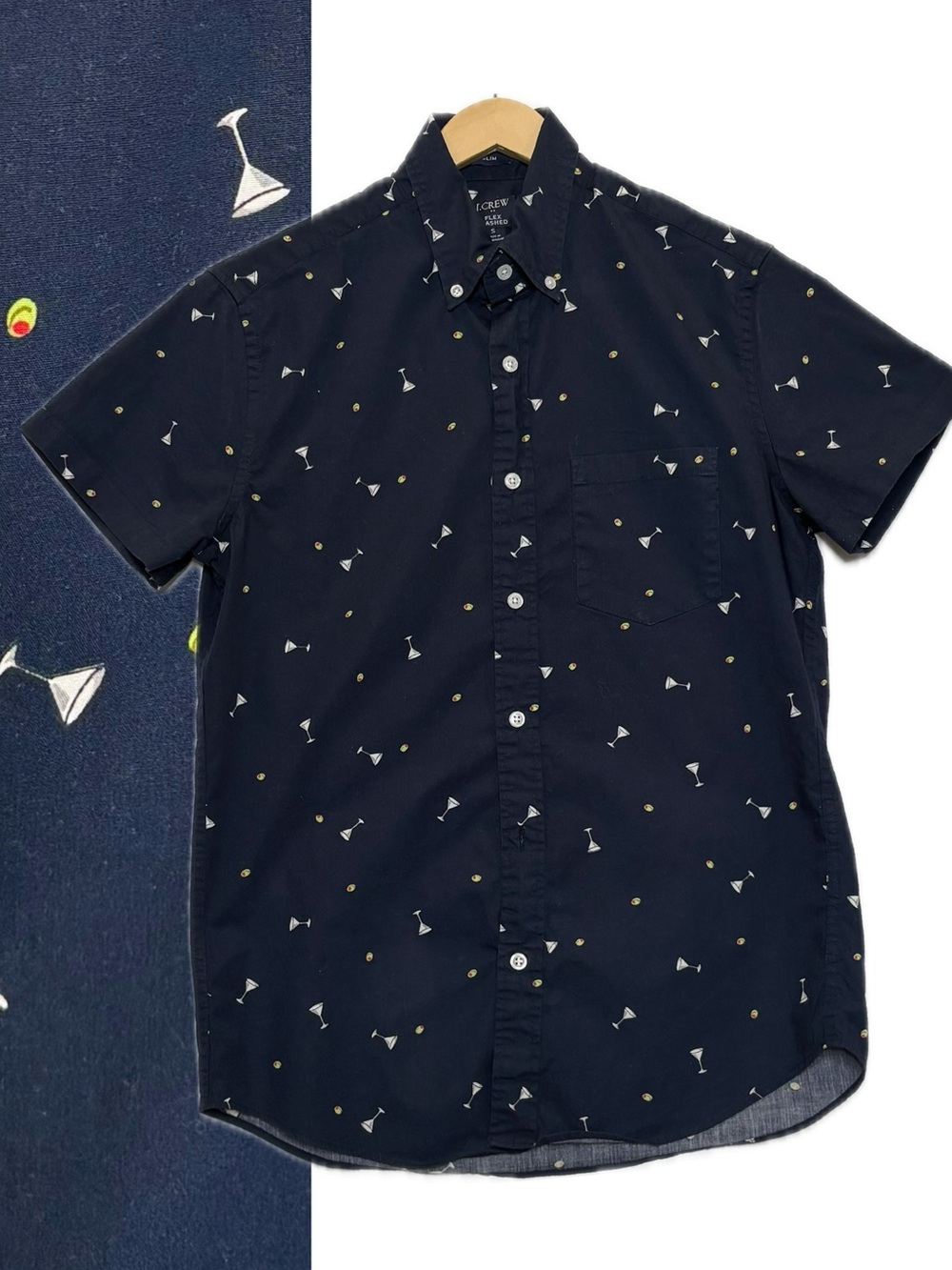 J Crew Mens Flex Washed Martini Olive Print Button Down Short Sleeve Shirt Sz S